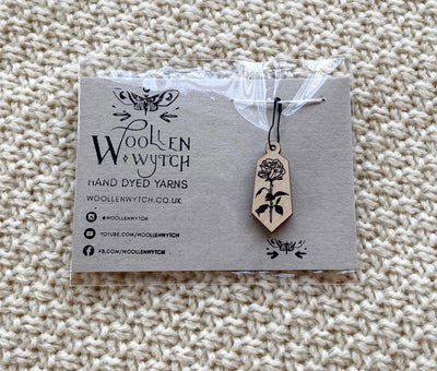 a wooden stitch marker bulb clip rose
