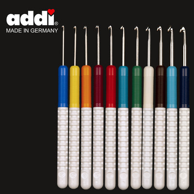 addi logo in corner eleven crochet hooks with a comfort hold blue yellow orange dark red bright red blue green white brown light blue dark blue