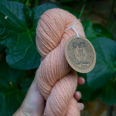 a woman holding a 100g skein of natural dyed pink peach sock yarn