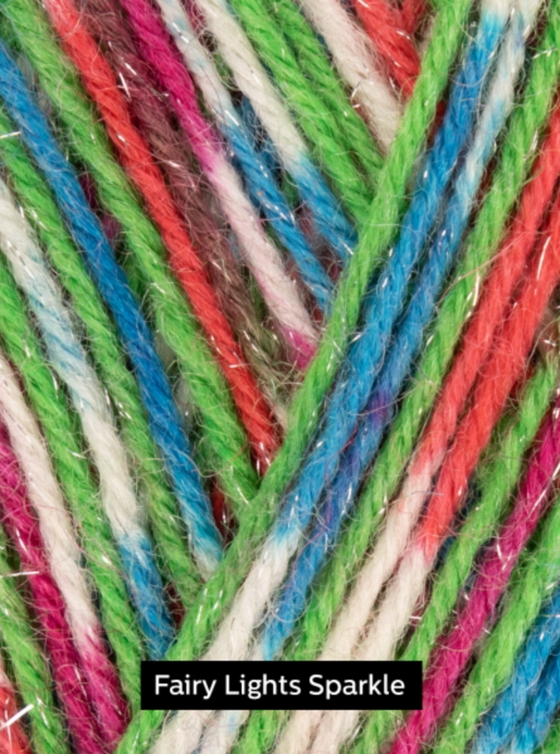 close photo of red blue green white pink west yorkshire spinners 4 ply sock yarn