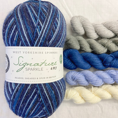 blue sparkly west yorkshire spinners signature 4 ply sock 100g british wool skeins of white light blue dark blue grey beige yarn