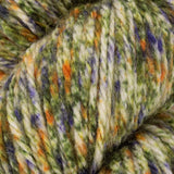 close up of green orange purple white aran weight skein machine washable for knitting crocheting and weaving