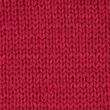 close up of a knitted swatch of red aran weight skein machine washable for knitting crocheting and weaving