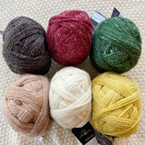 six balls of alb lino 100g sock yarn red green black light brown white yellow on a white crocheted blanket