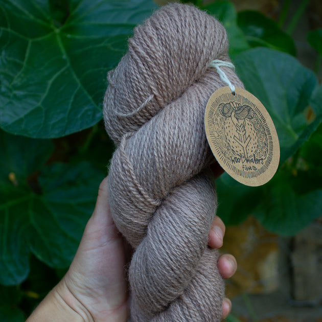 skein of natural and plant dyed yarn in a grey shade in front of green leaves