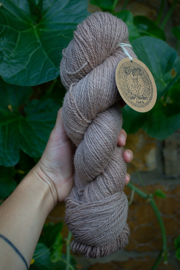 a tan woman holding a skein of natural and plant dyed yarn dyed in a grey shade in front of green leaves