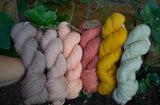 a range of skeins of natural and plant dyed yarn for knitting crochet or weaving in from of a garden 