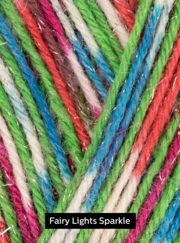 close photo of red blue green white pink west yorkshire spinners 4 ply sock yarn 