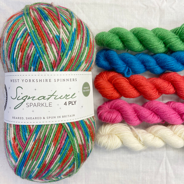 blue white pink green red west yorkshire spinners signature 4 ply sock 100g british wool skeins of green blue red pink white yarn 