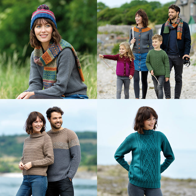 woman wearing knitted scarf and hat man woman young girl and boy all wearing knitted clothes man and women both wearing light brown jumpers woman wearing teal jumper
