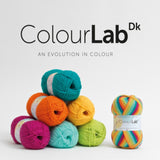 colour lab dk logo pyramid of six yarns blue orange yellow pink light blue green rainbow