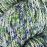 a close up of green blue white aran weight skein machine washable for knitting crocheting and weaving