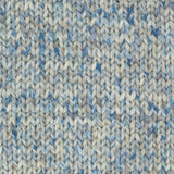 close up of knitted blue white cream aran weight skein machine washable for knitting crocheting and weaving