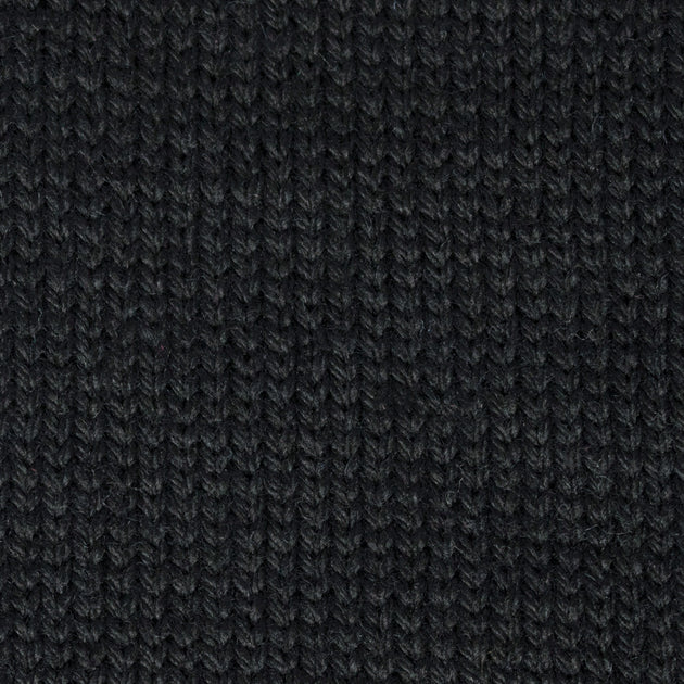 a close up of a knitted swatch black aran weight skein machine washable for knitting crocheting and weaving